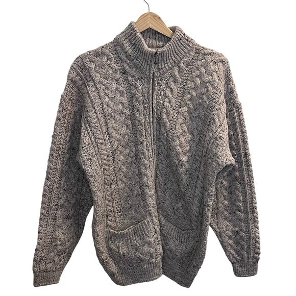 Carraig Donn Full Zip 100% Wool Fisherman Cardigan Sweater Size Medium Mock Neck - Picture 1 of 7